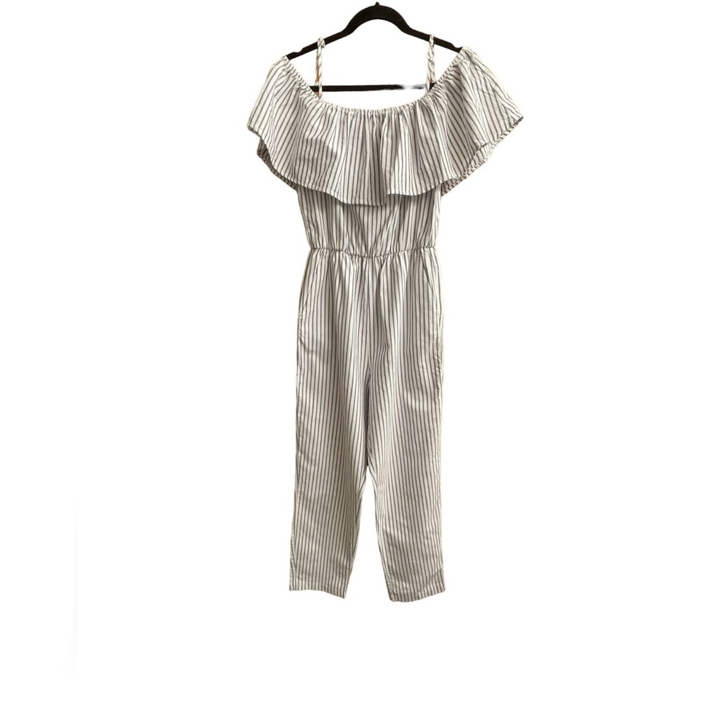 H&M Off-the-Shoulder Striped Jumpsuit 100% Cotton Side Pockets Elastic Neck Sz 6